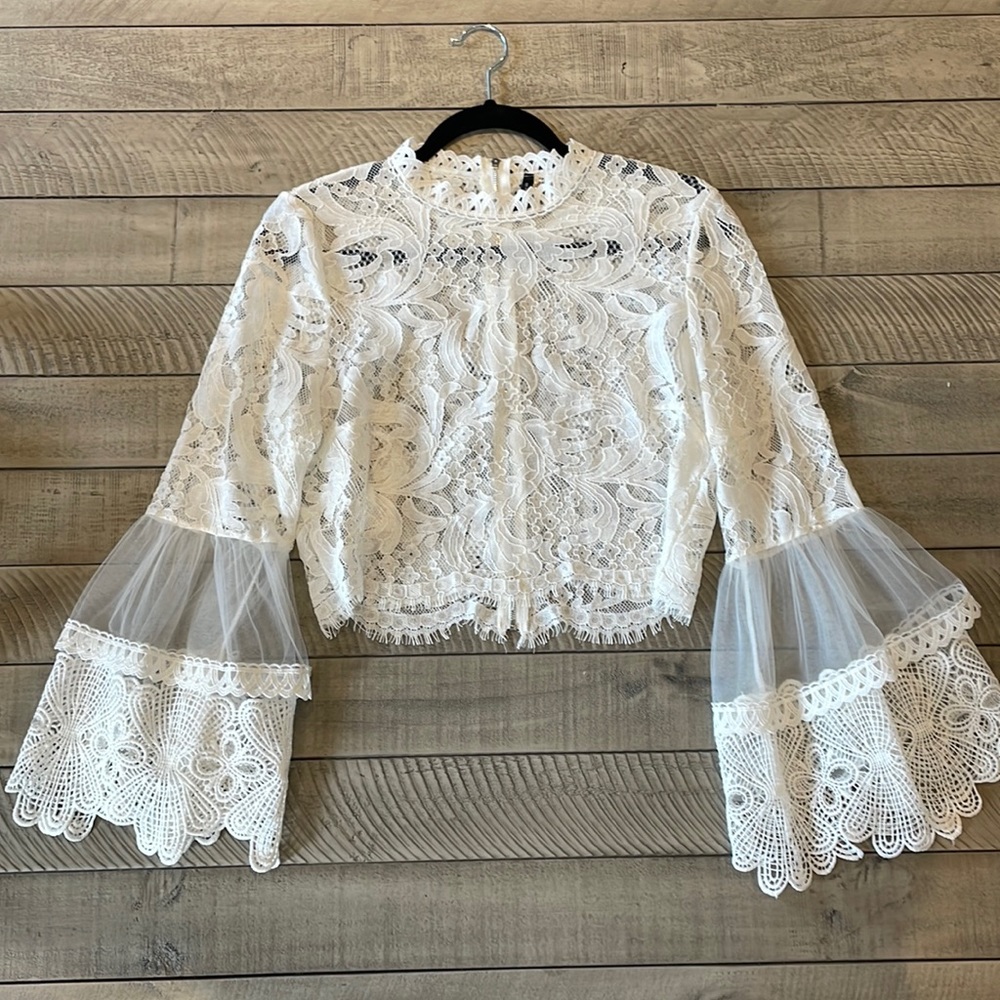 San Joy White Lace Crop Top With Bell Sleeves